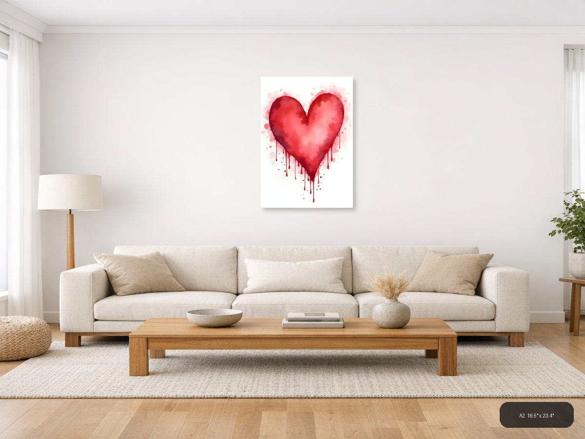 Red Watercolor Heart with Dripping Paint Wall Art — A2 / Living Room