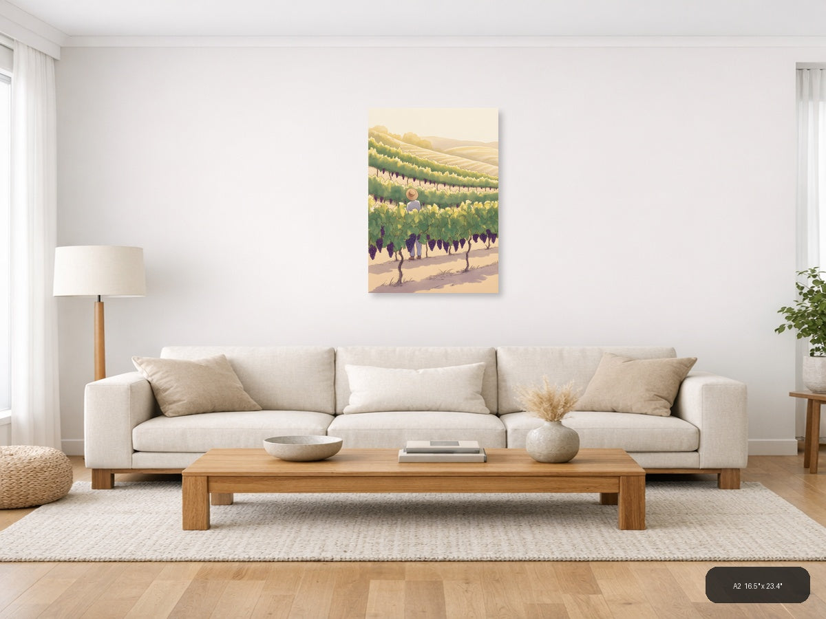 Vineyard Worker in Purple Grape Fields Line Art Wall Art — A2 / Living Room