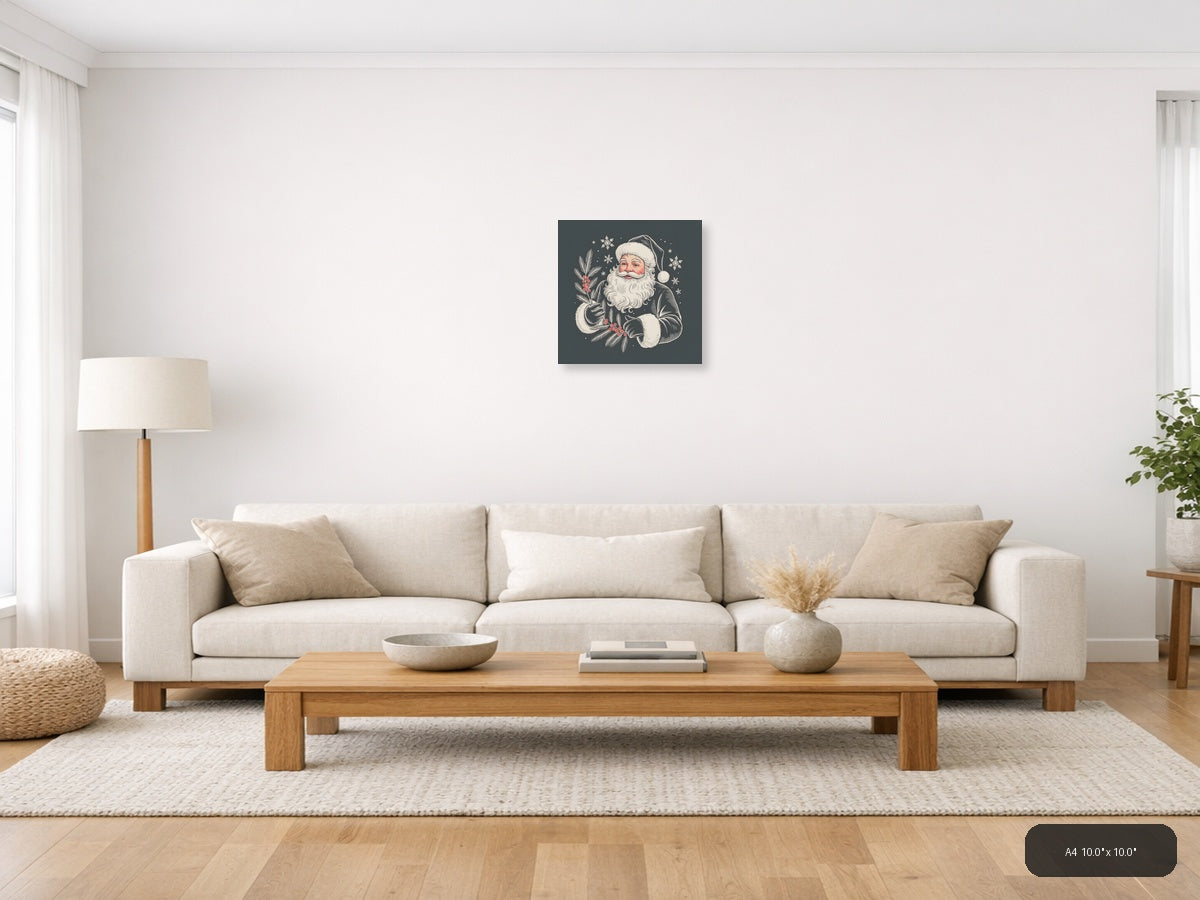 Santa Claus with Holly Line Art Winter Wall Art — A4 / Living Room