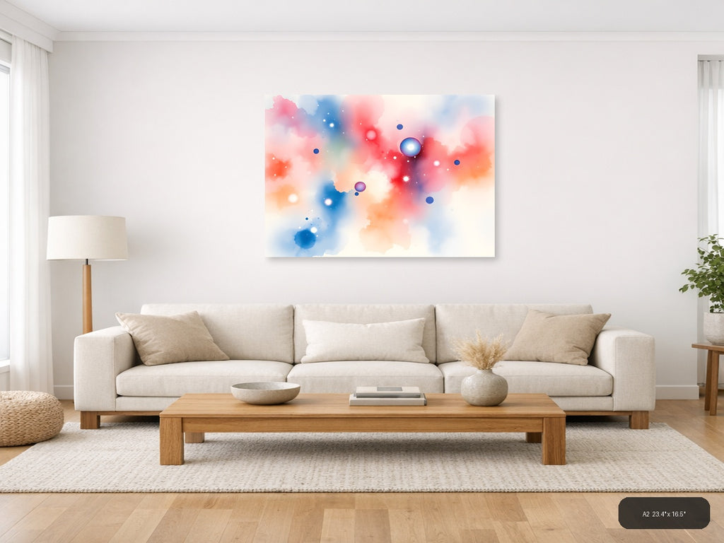 Abstract Watercolor Spheres in Pink & Blue Wall Art — A2 / Living Room