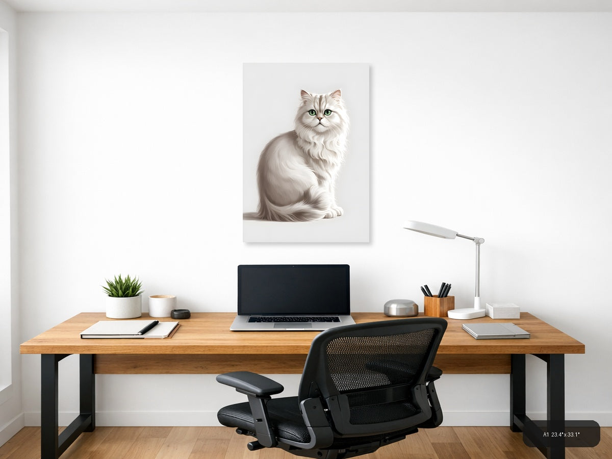 White Fluffy Cat with Green Eyes Minimalist Wall Art — A1 / Office