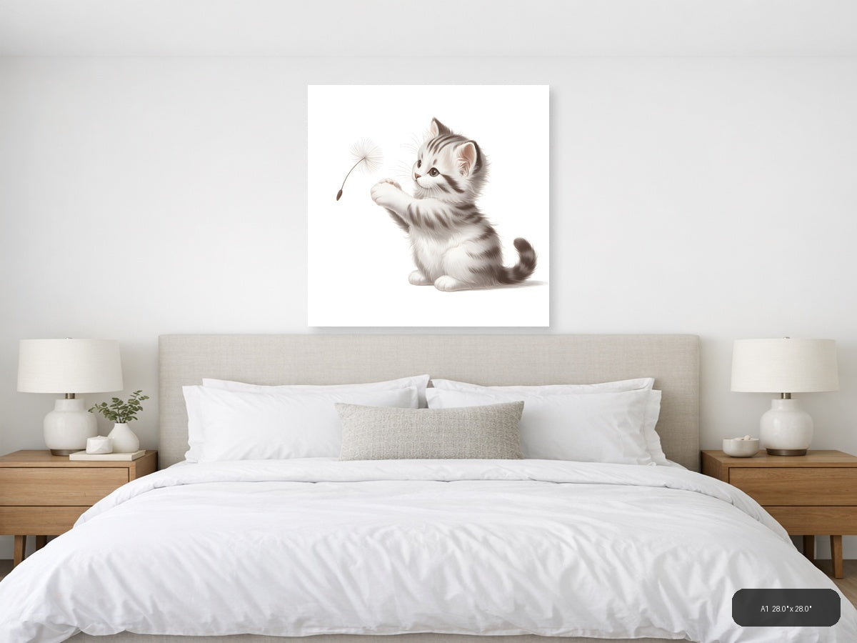 Cute Kitten with Dandelion Minimalist Wall Art — A1 / Bedroom