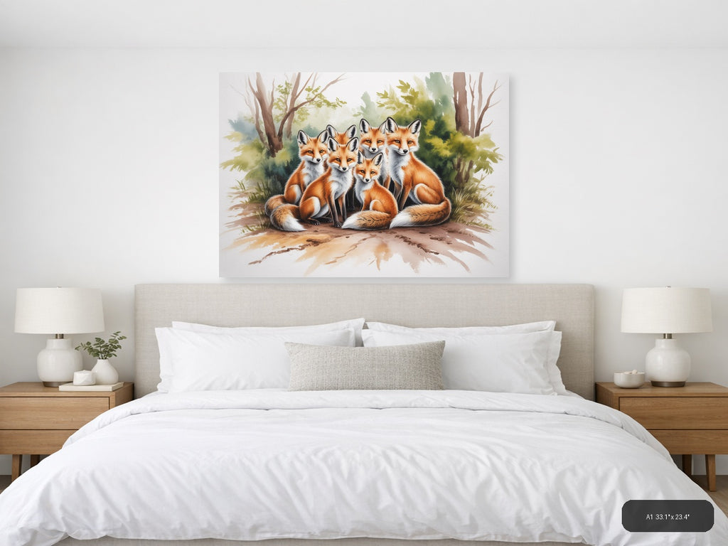 Fox Family Forest Watercolor Landscape Wall Art — A1 / Bedroom
