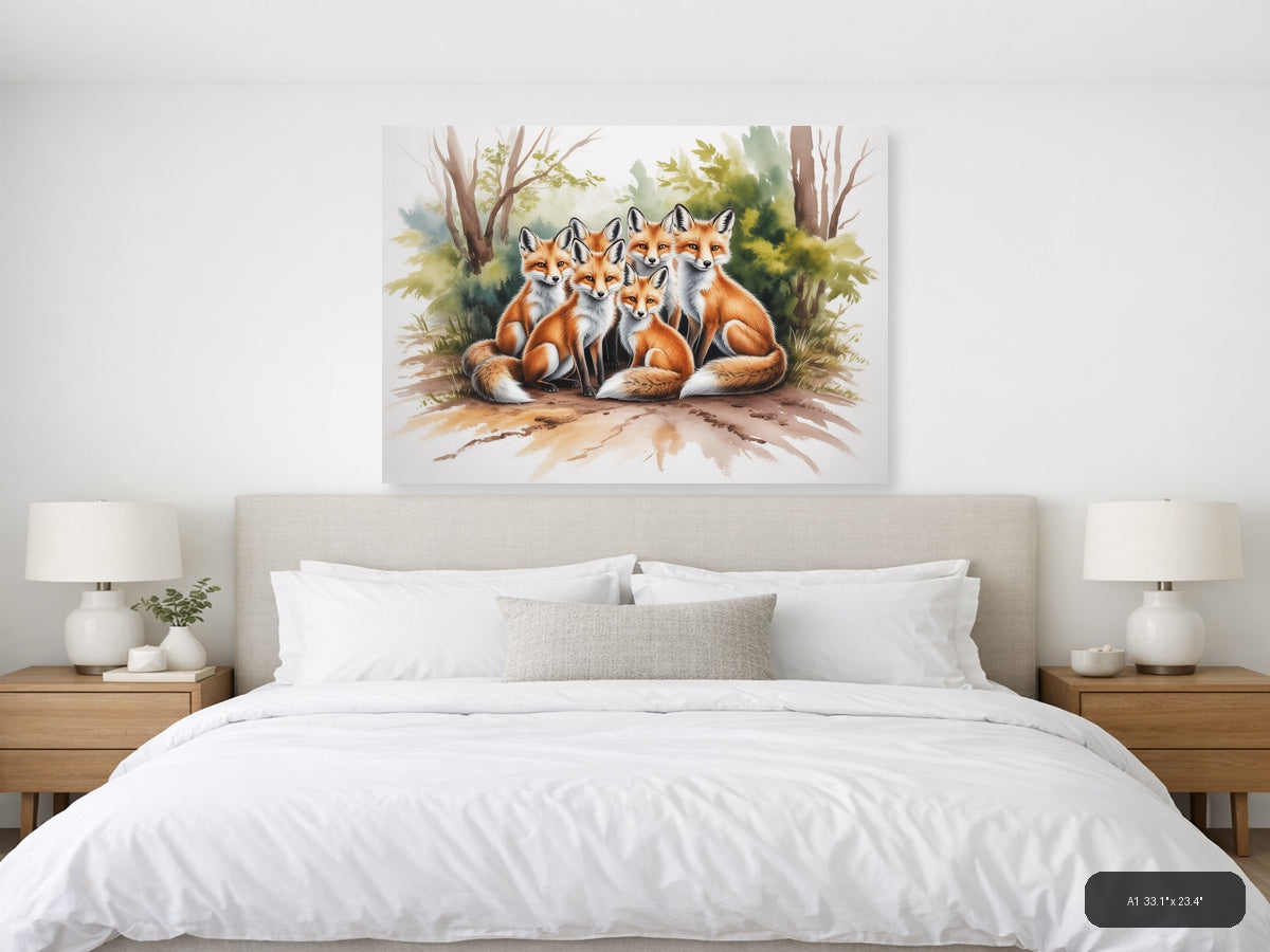 Fox Family Forest Watercolor Landscape Wall Art — A1 / Bedroom