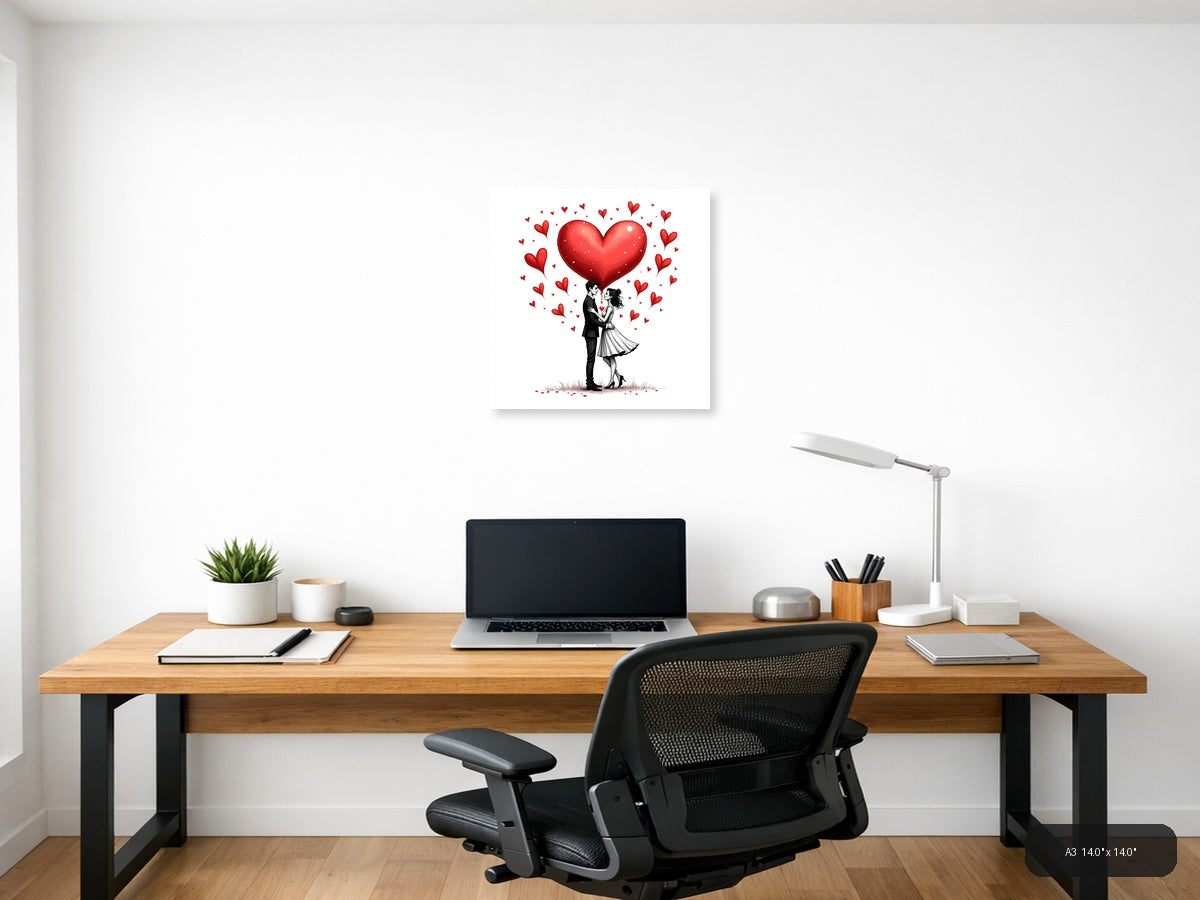 Couple in Love Line Art with Red Hearts Wall Art — A3 / Office