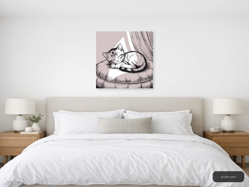 Sleeping Cat Line Art Wall Art Print — A2 / Bedroom