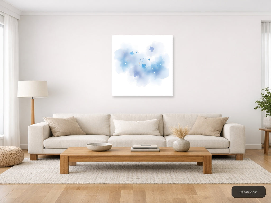 Dreamy Blue Watercolor Sky with Stars and Clouds Wall Art — A2 / Living Room