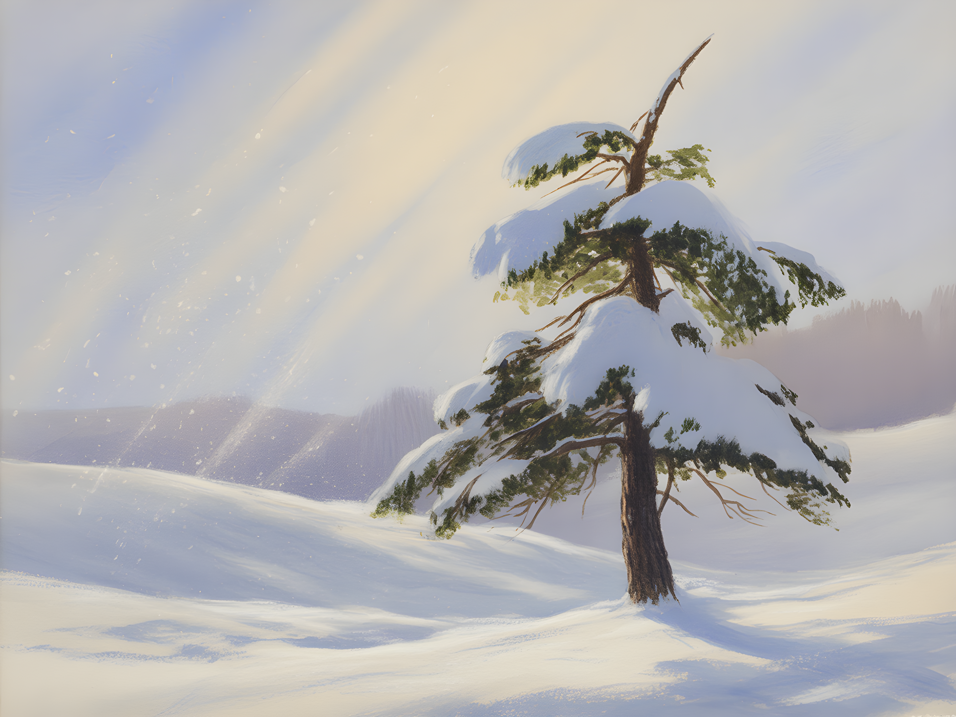 Snowy Pine Tree Winter Landscape Watercolor Wall Art