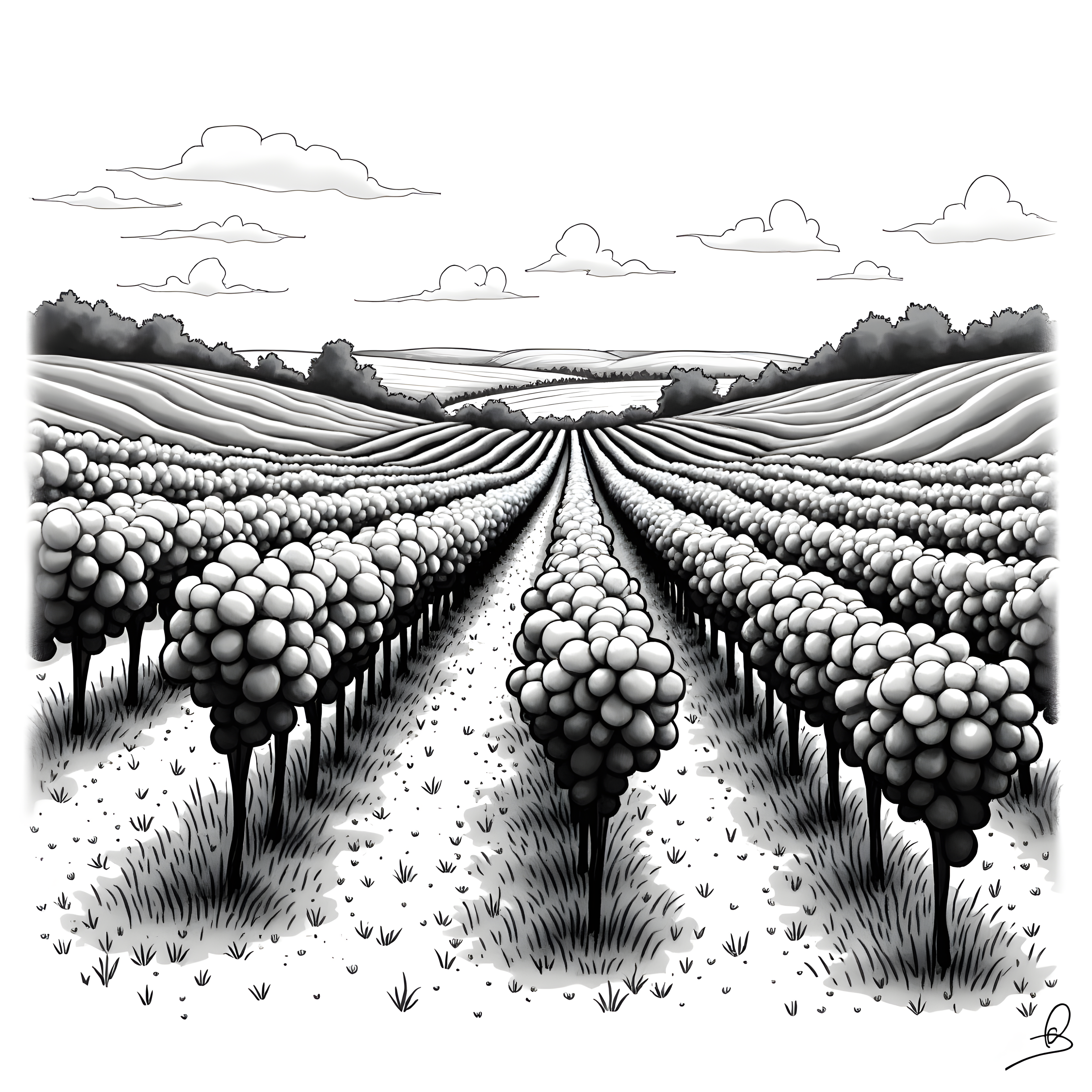 Vineyard Rows Line Art Illustration Wall Art