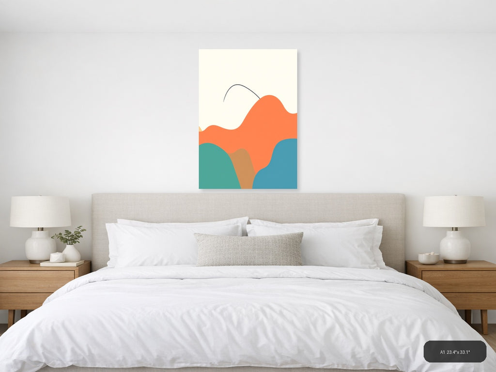 Minimalist Abstract Waves in Coral, Teal & Blue Wall Art — A1 / Bedroom