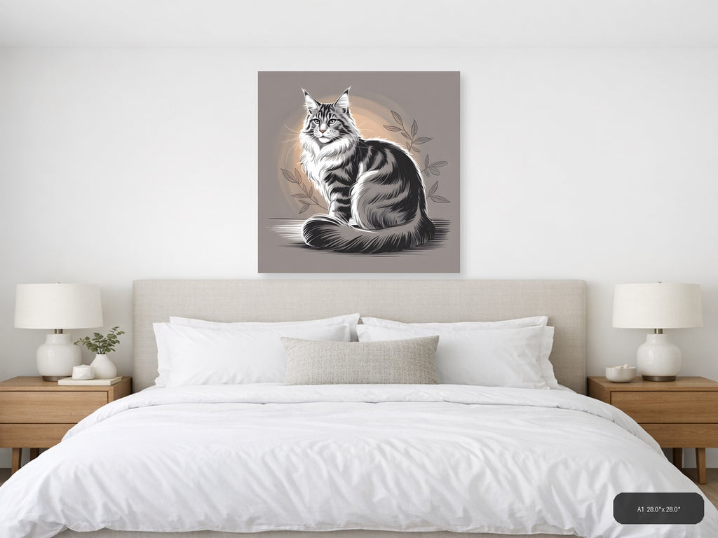 Majestic Maine Coon Cat Line Art Wall Art — A1 / Bedroom