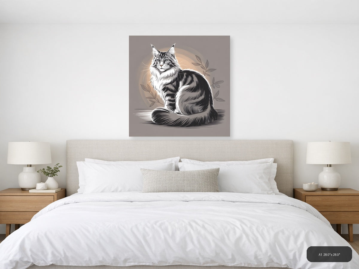 Majestic Maine Coon Cat Line Art Wall Art — A1 / Bedroom