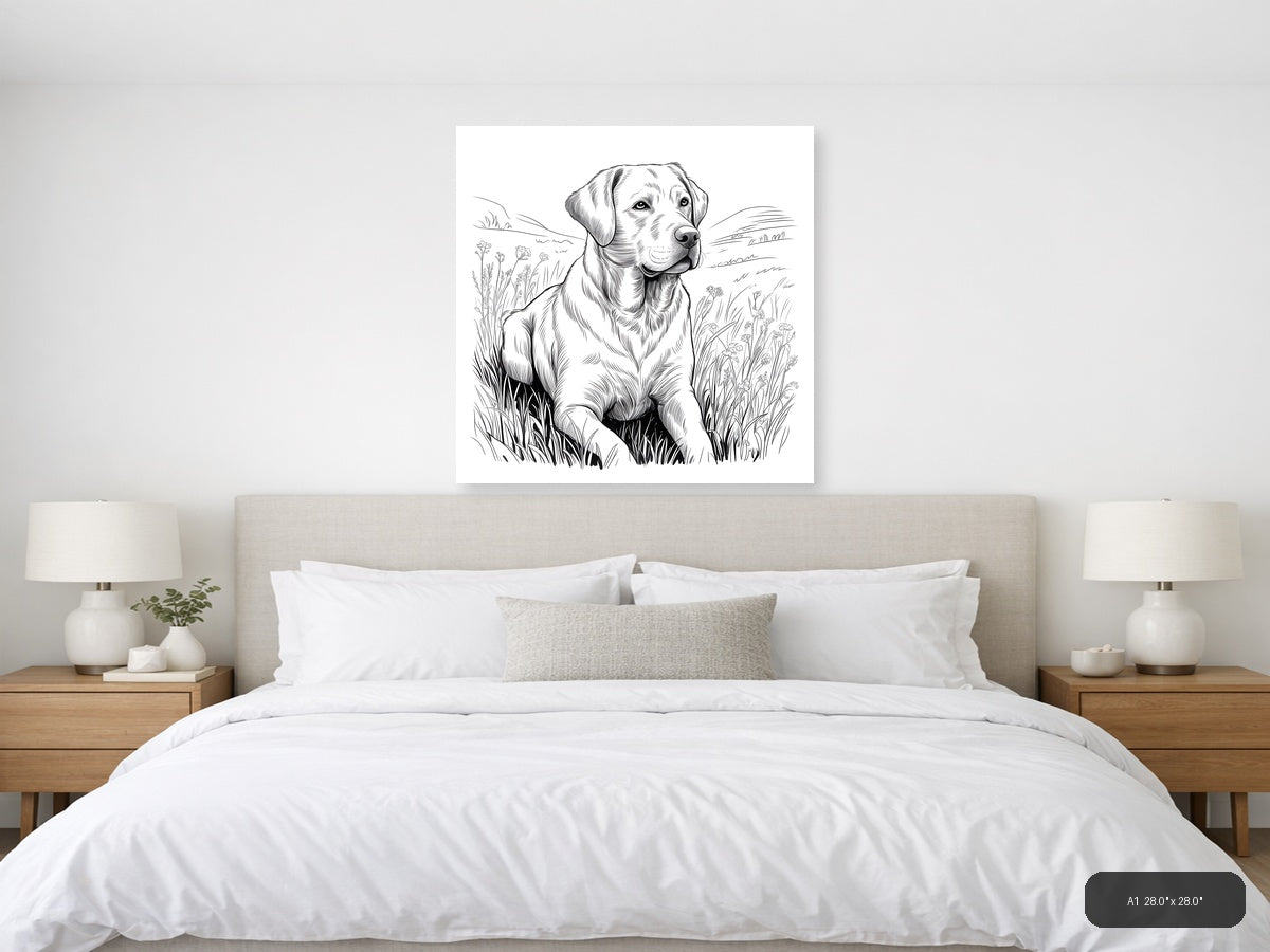Labrador Retriever in Wildflower Field Line Art Wall Art — A1 / Bedroom