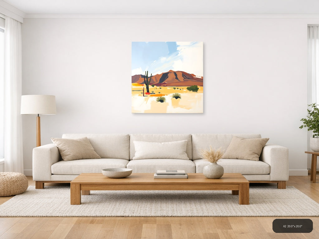 Abstract Desert Mountain Landscape with Cactus Wall Art — A2 / Living Room