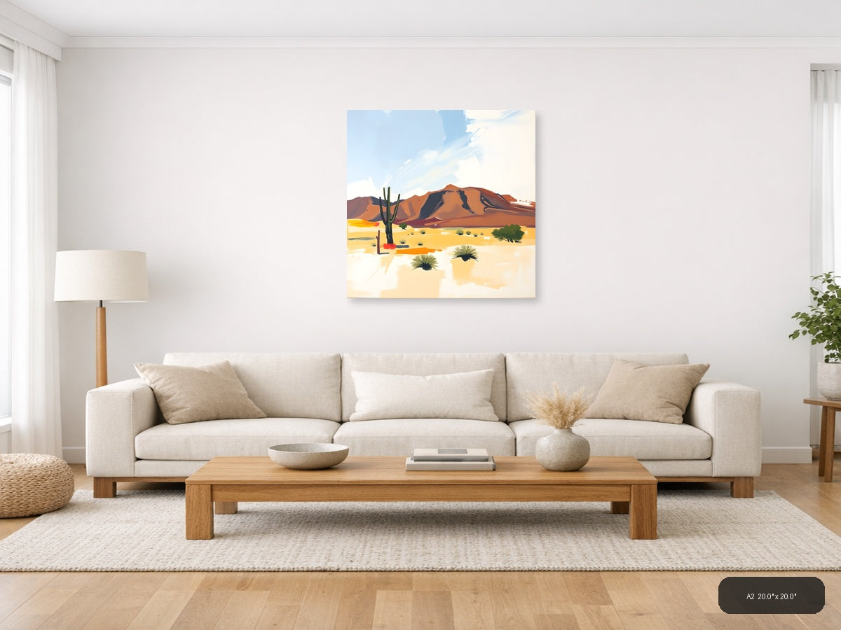 Abstract Desert Mountain Landscape with Cactus Wall Art — A2 / Living Room