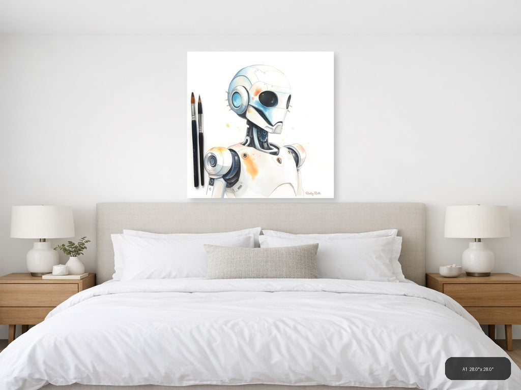 Futuristic Robot Portrait Watercolor Wall Art — A1 / Bedroom