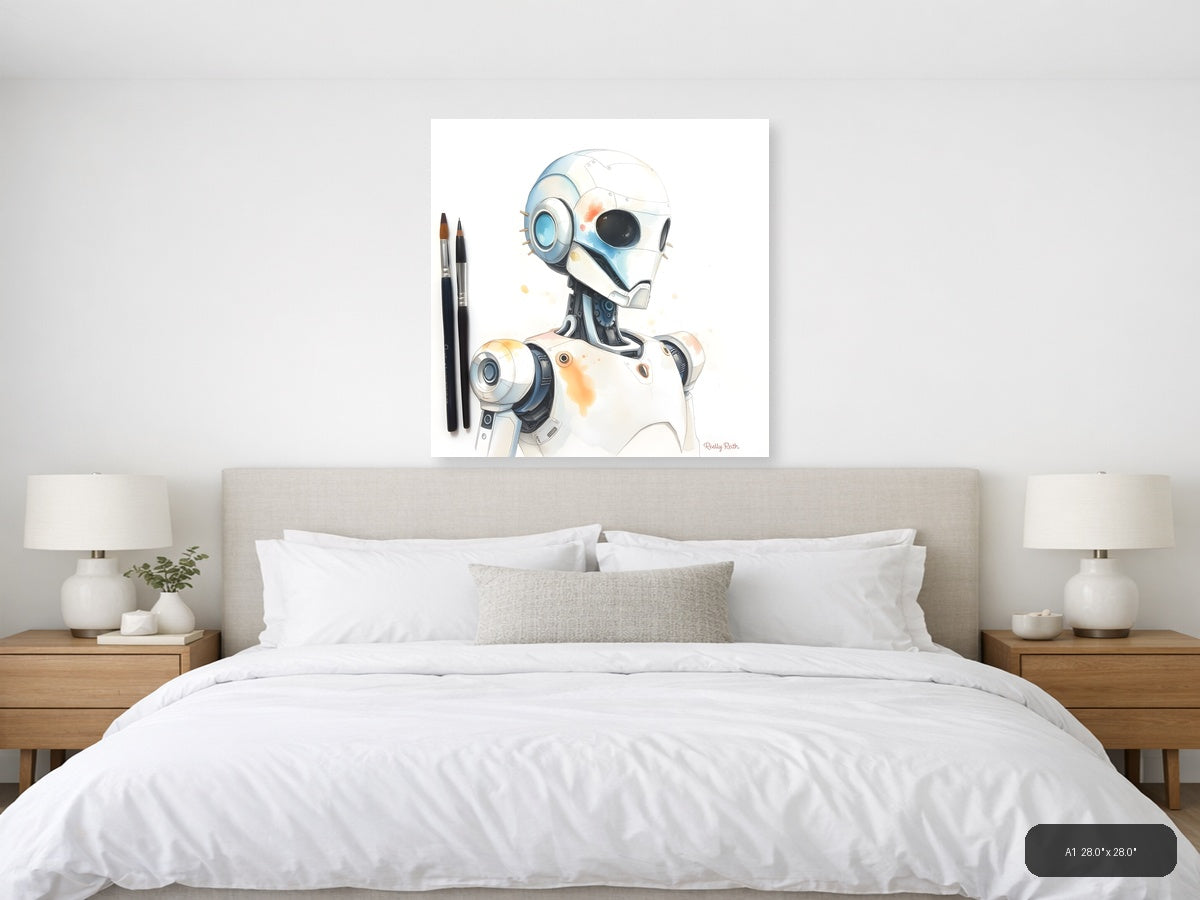 Futuristic Robot Portrait Watercolor Wall Art — A1 / Bedroom