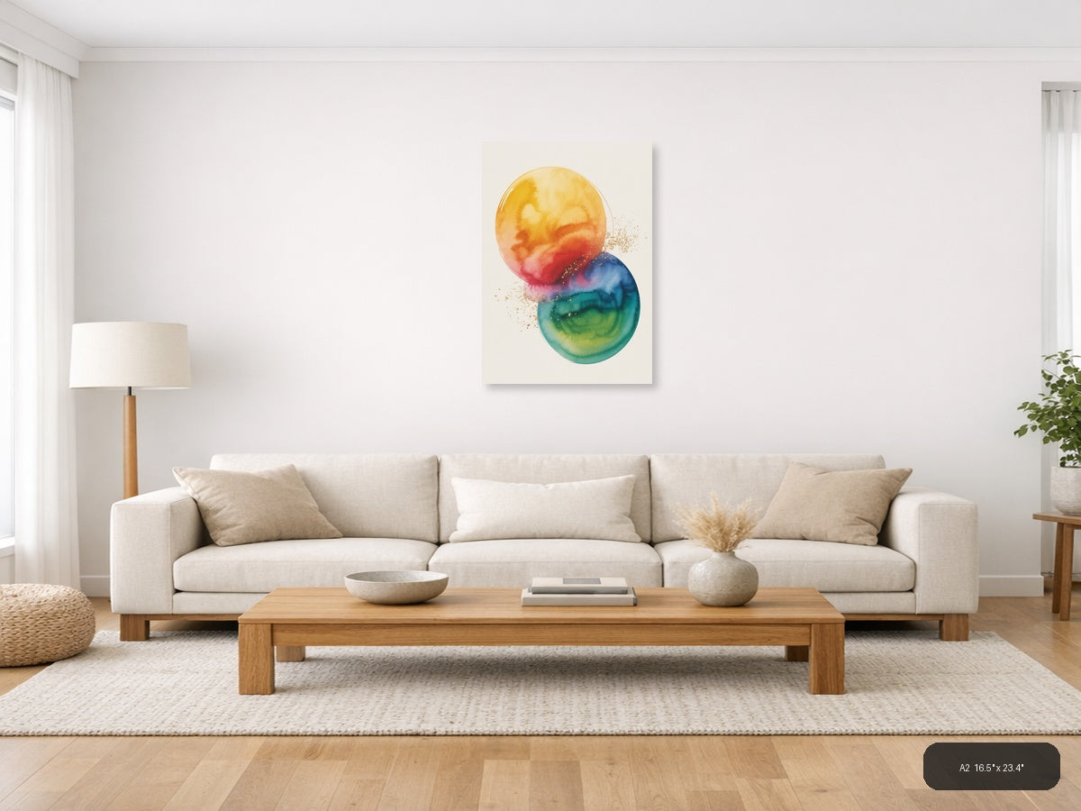 Watercolor Gradient Circles with Gold Splatter Wall Art — A2 / Living Room