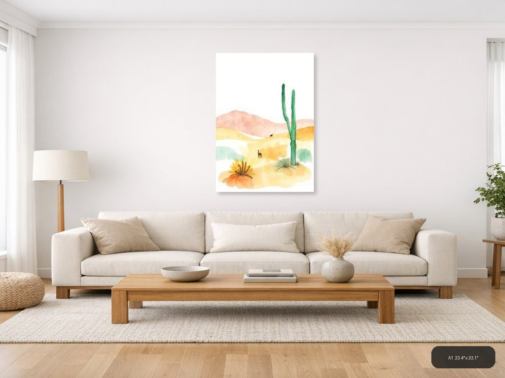 Desert Landscape with Cactus Watercolor Wall Art — A1 / Living Room