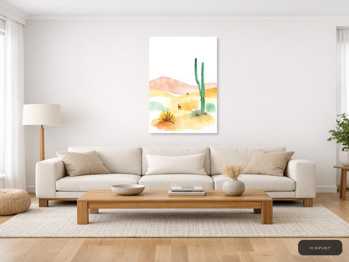 Desert Landscape with Cactus Watercolor Wall Art — A1 / Living Room