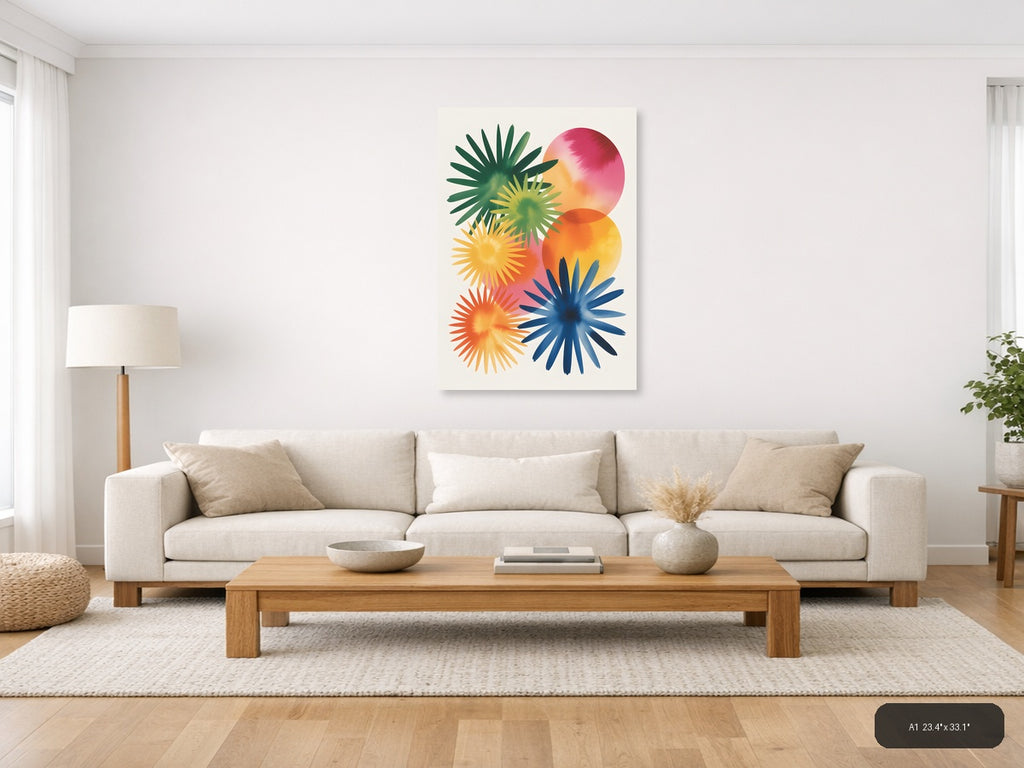 Colorful Watercolor Sunflowers & Circles Wall Art — A1 / Living Room