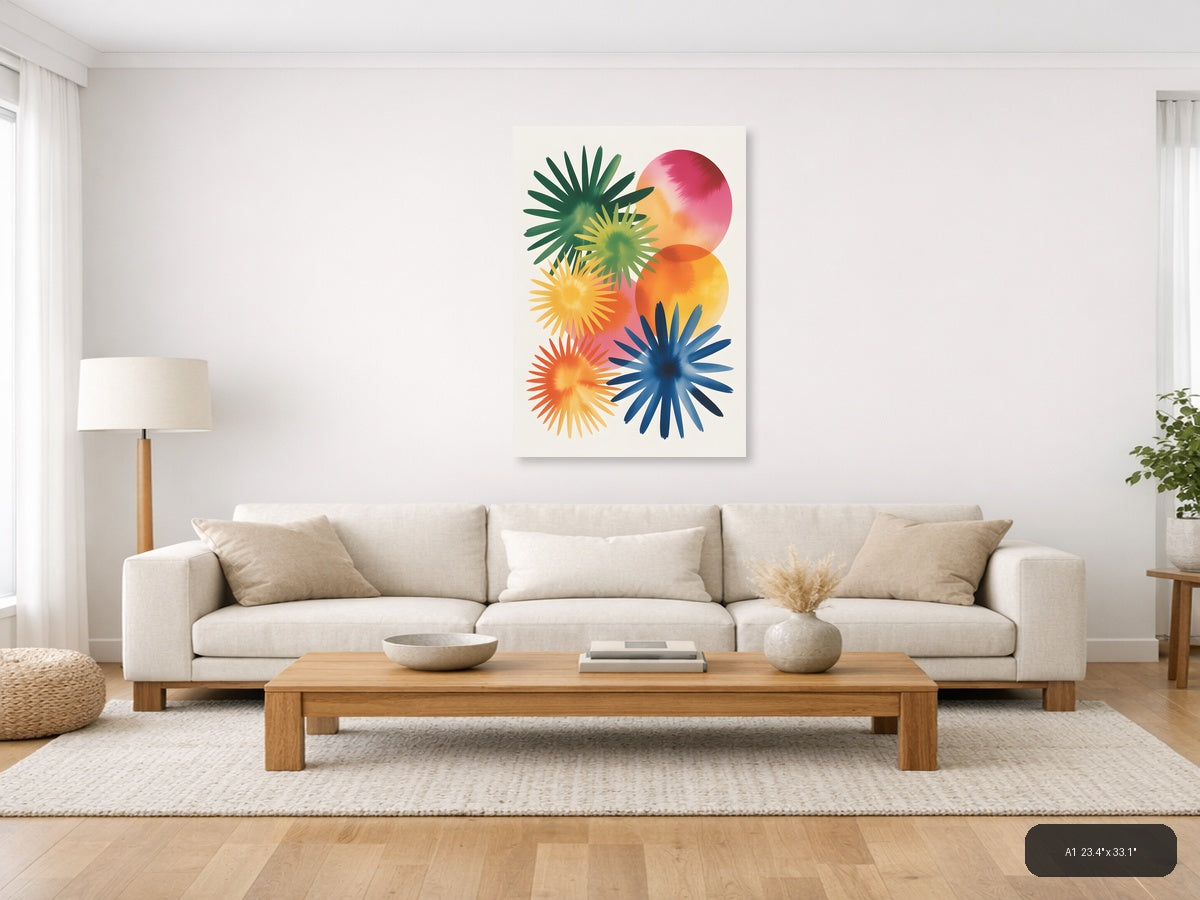 Colorful Watercolor Sunflowers & Circles Wall Art — A1 / Living Room