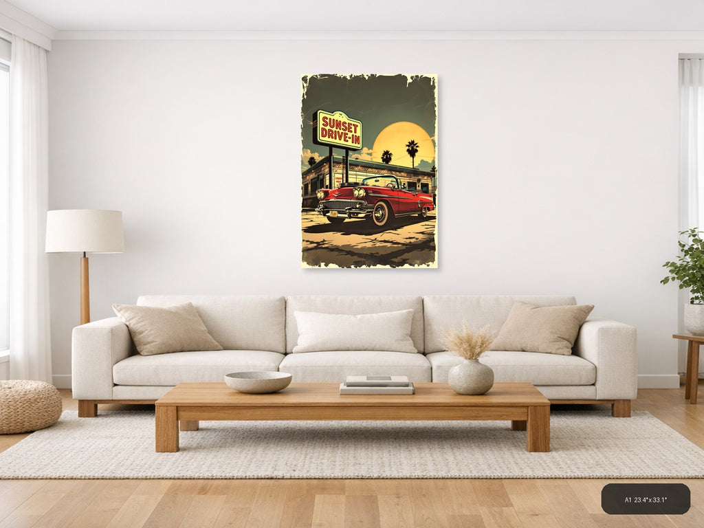 Sunset Drive-In Vintage Red Car Wall Art — A1 / Living Room