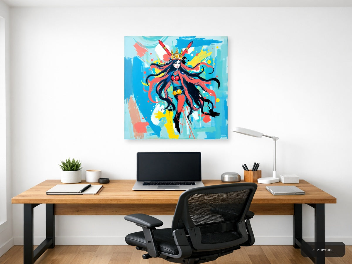 Vibrant Abstract Warrior Queen with Crown Wall Art — A1 / Office