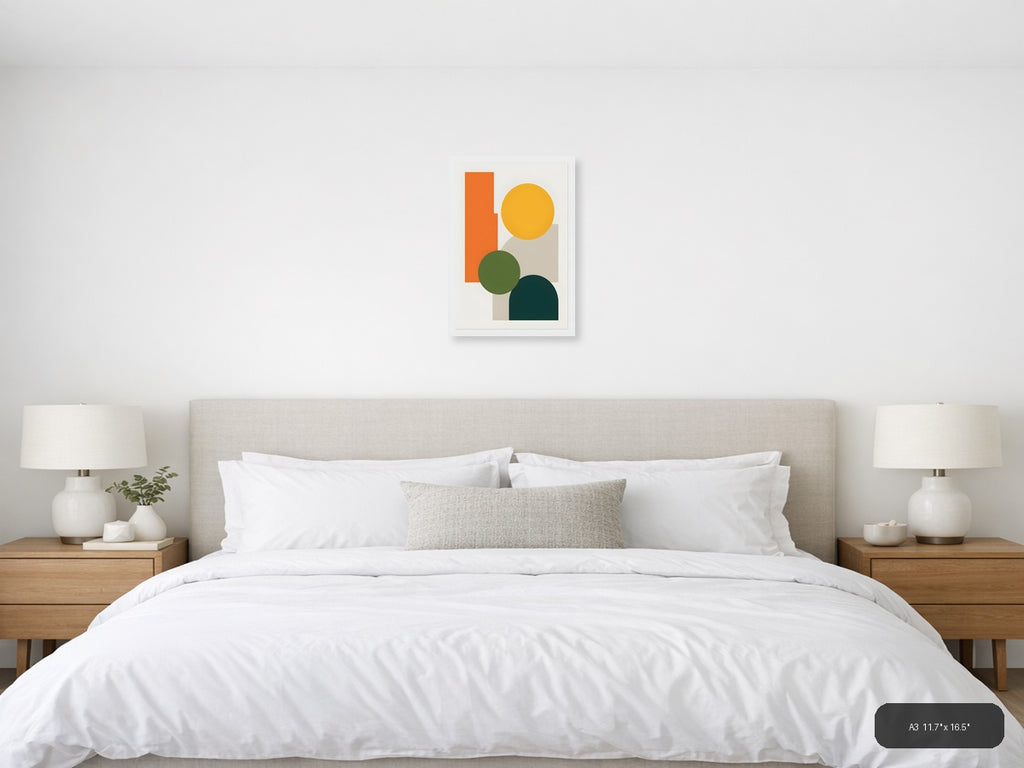 Minimalist Geometric Shapes in Orange, Yellow & Teal Wall Art — A3 / Bedroom