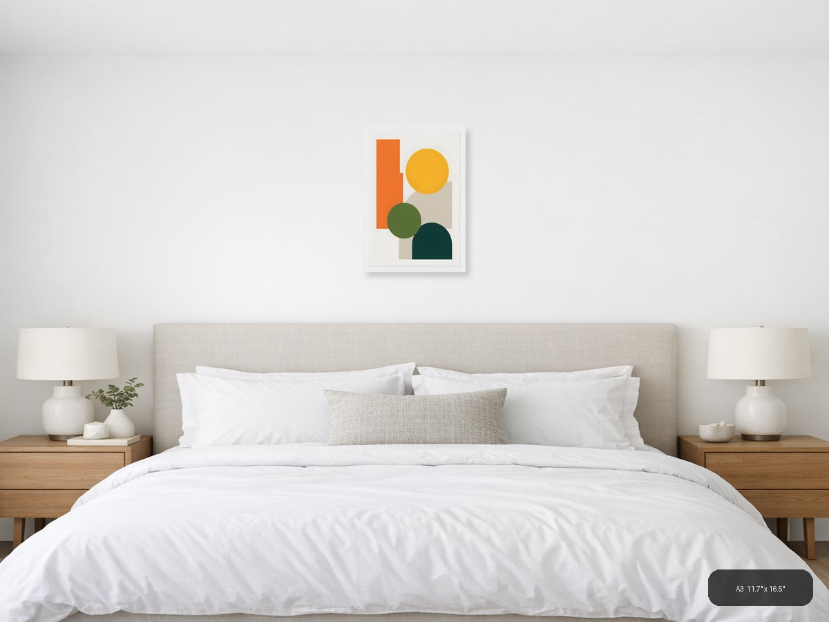 Minimalist Geometric Shapes in Orange, Yellow & Teal Wall Art — A3 / Bedroom
