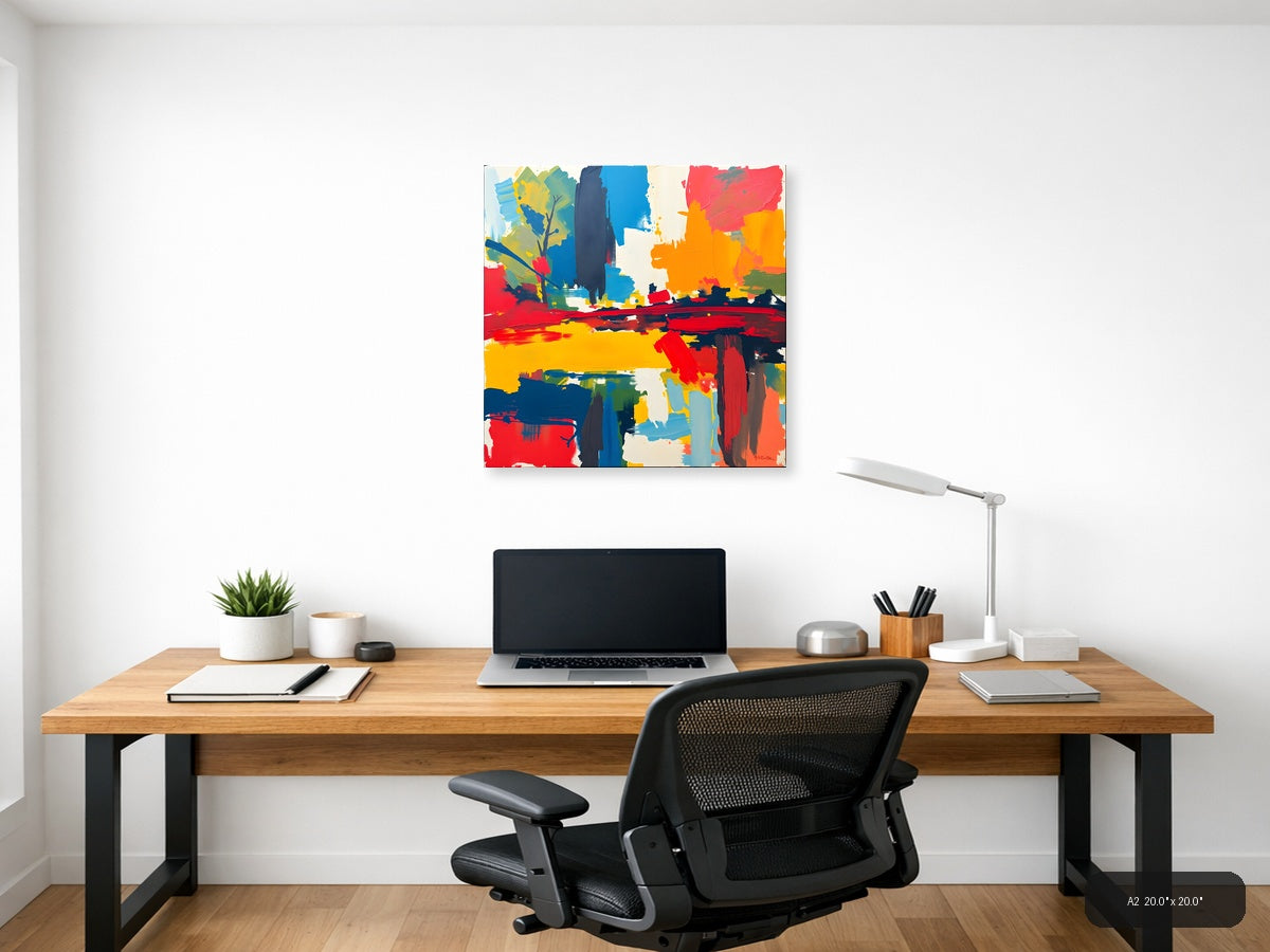 Vibrant Abstract Landscape with Blue Tower Wall Art — A2 / Office