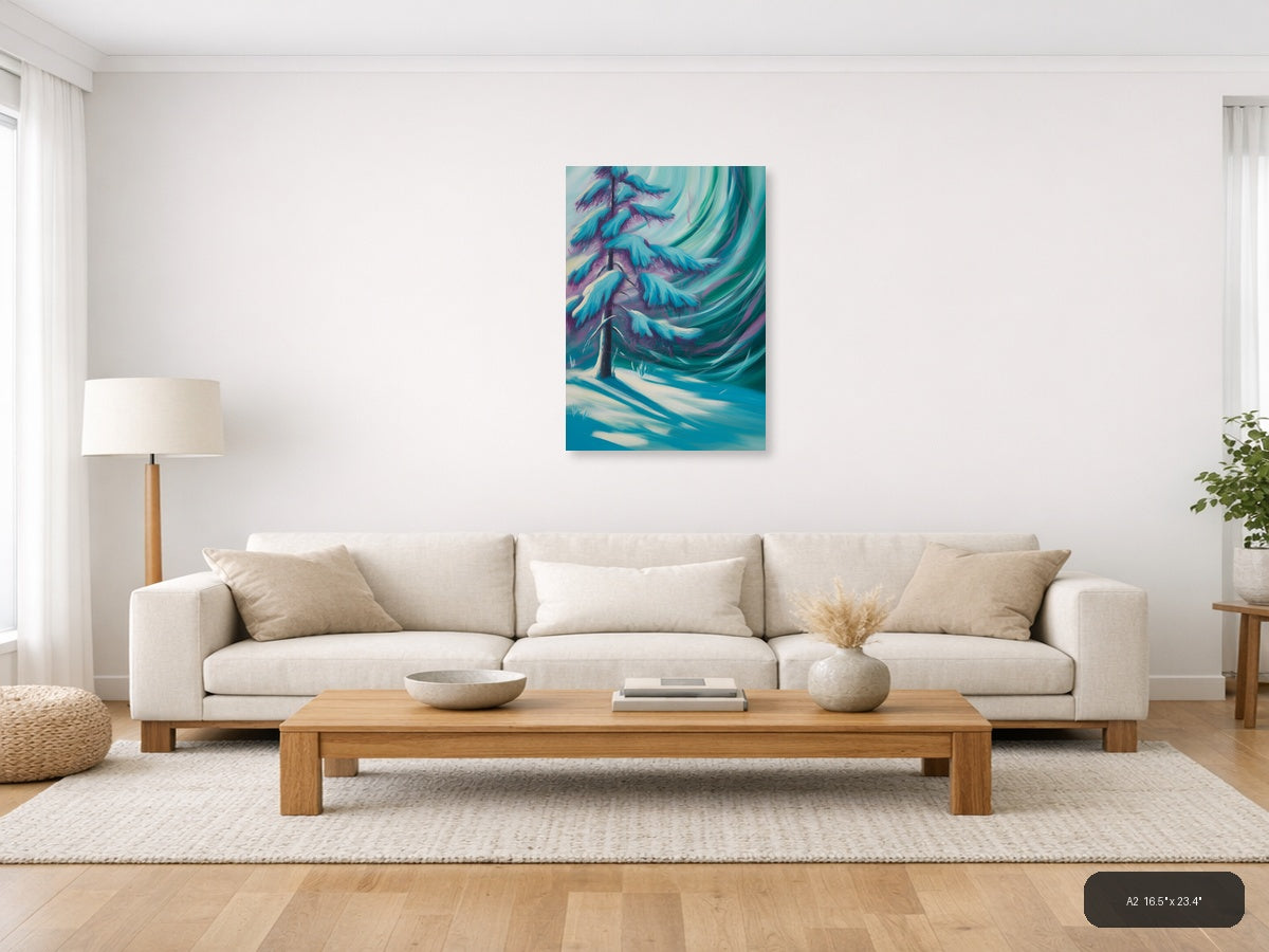 Abstract Winter Tree with Aurora Swirls Wall Art — A2 / Living Room