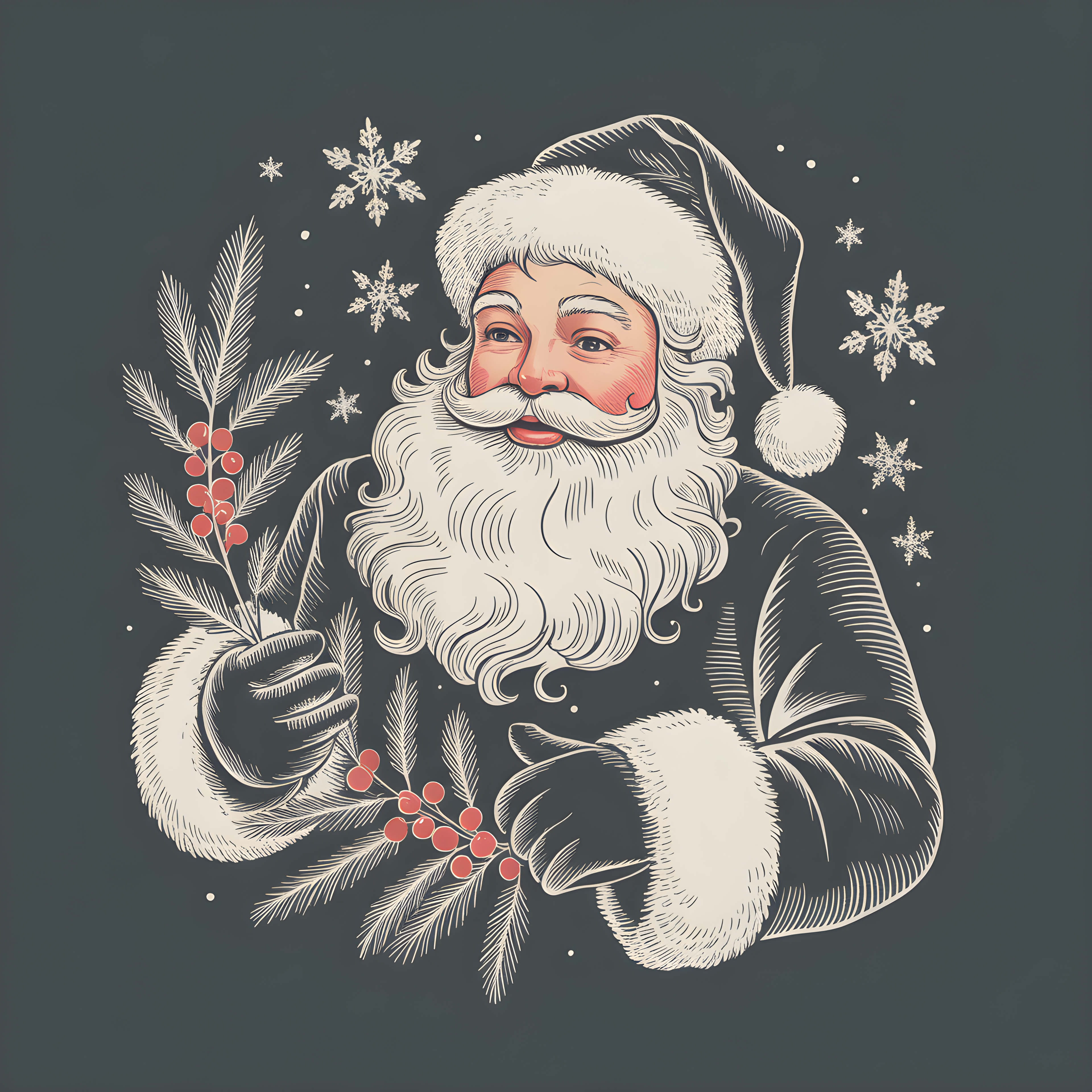 Santa Claus with Holly Line Art Winter Wall Art