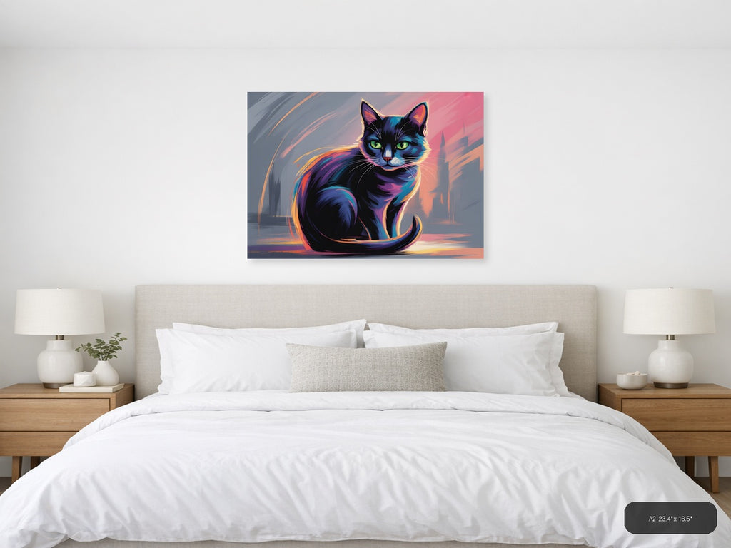 Neon Cat Abstract Glow Modern Wall Art — A2 / Bedroom