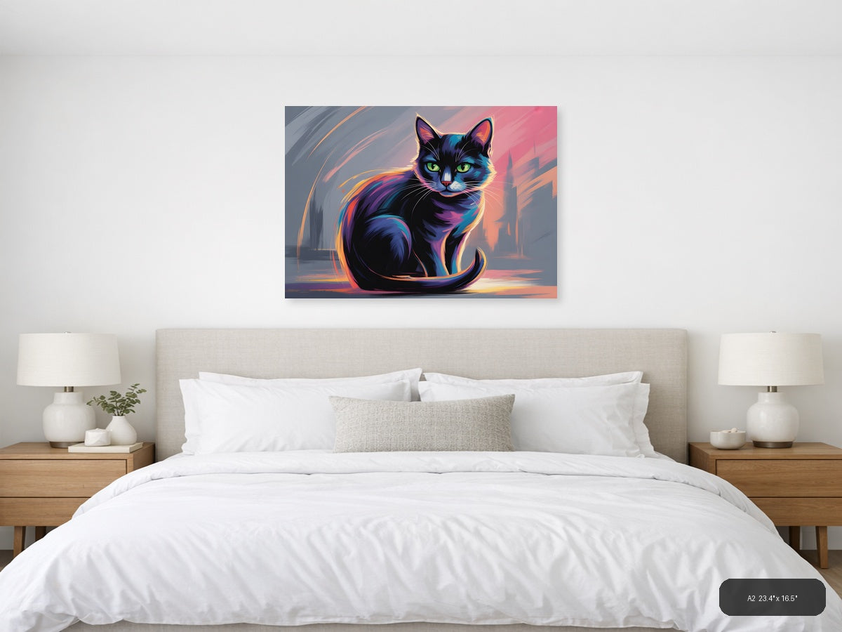 Neon Cat Abstract Glow Modern Wall Art — A2 / Bedroom
