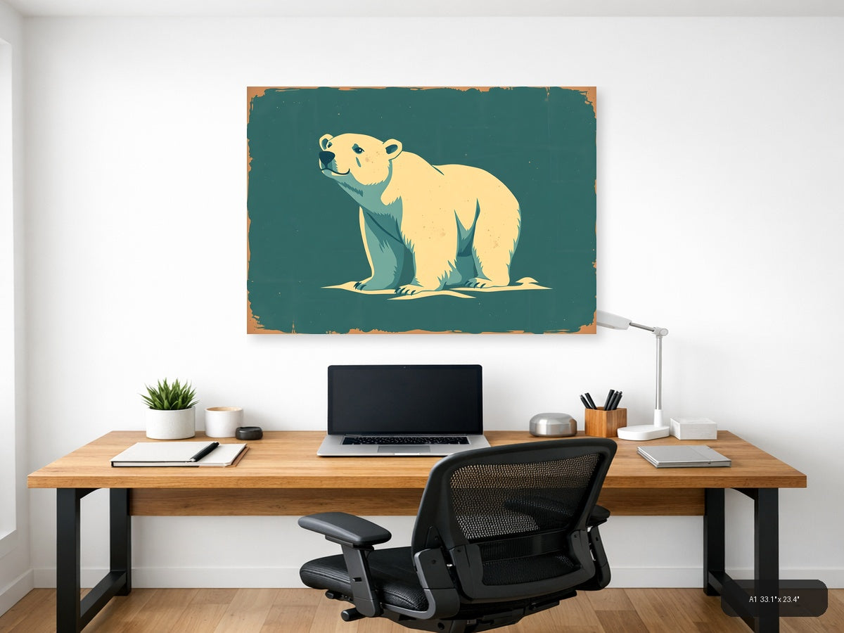 Vintage Polar Bear Illustration Teal Wall Art — A1 / Office