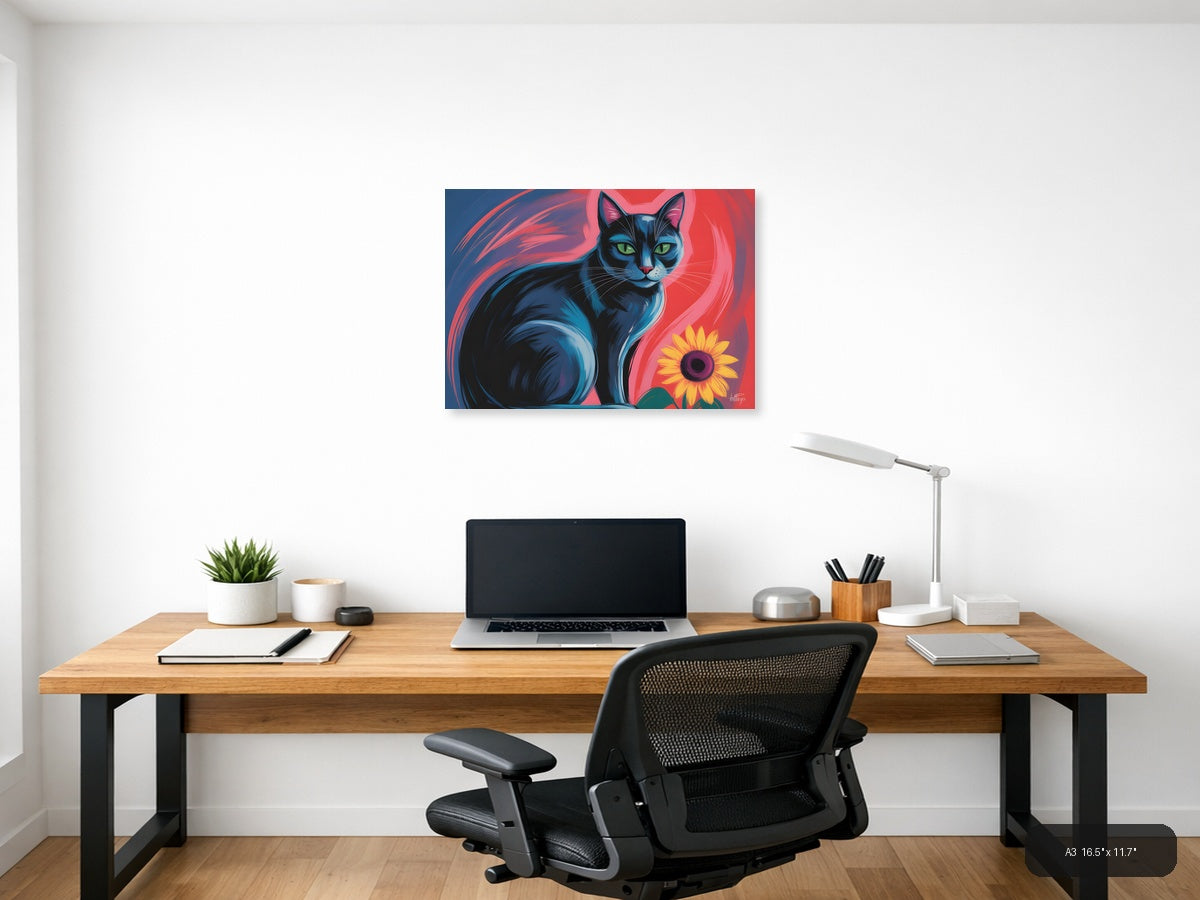 Blue Cat with Sunflower Abstract Pop Art Wall Art — A3 / Office