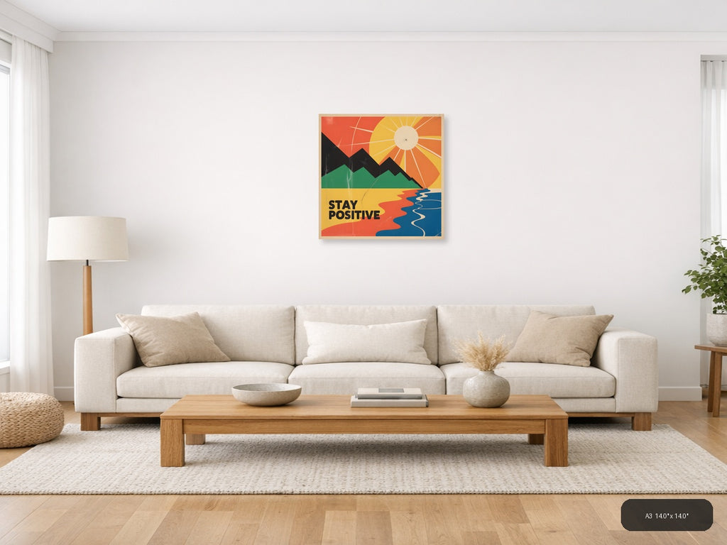 Vintage Retro Landscape with Sun and Mountains Wall Art — A3 / Living Room