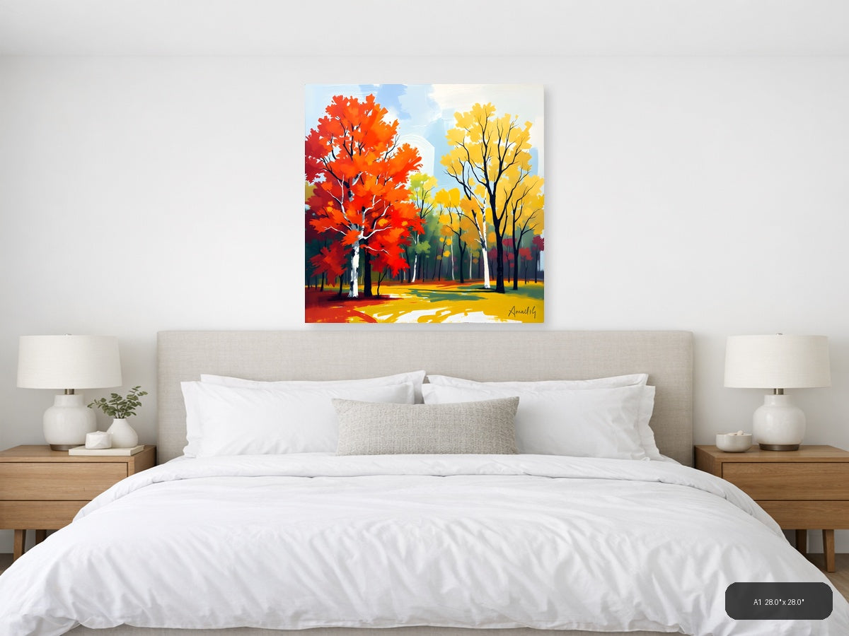Abstract Autumn Forest with Red and Yellow Trees Wall Art — A1 / Bedroom