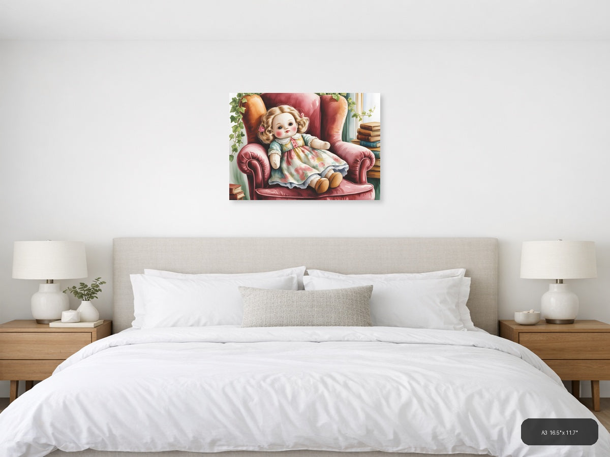 Vintage Doll in Pink Chair Watercolor Wall Art — A3 / Bedroom