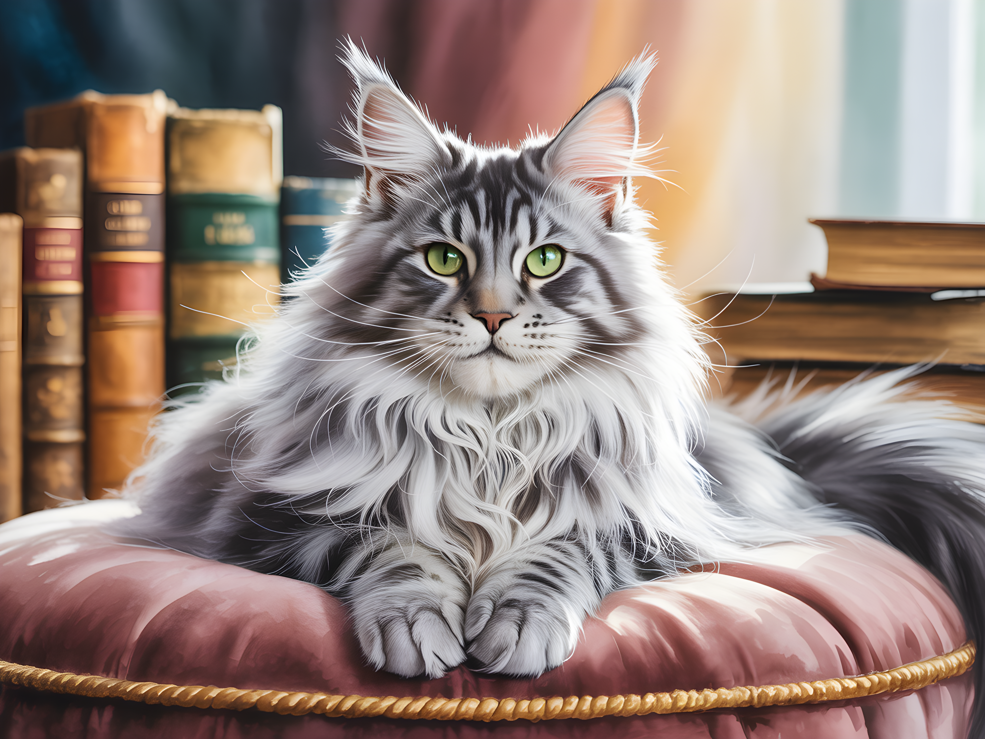 Majestic Long-Haired Cat Library Watercolor Wall Art