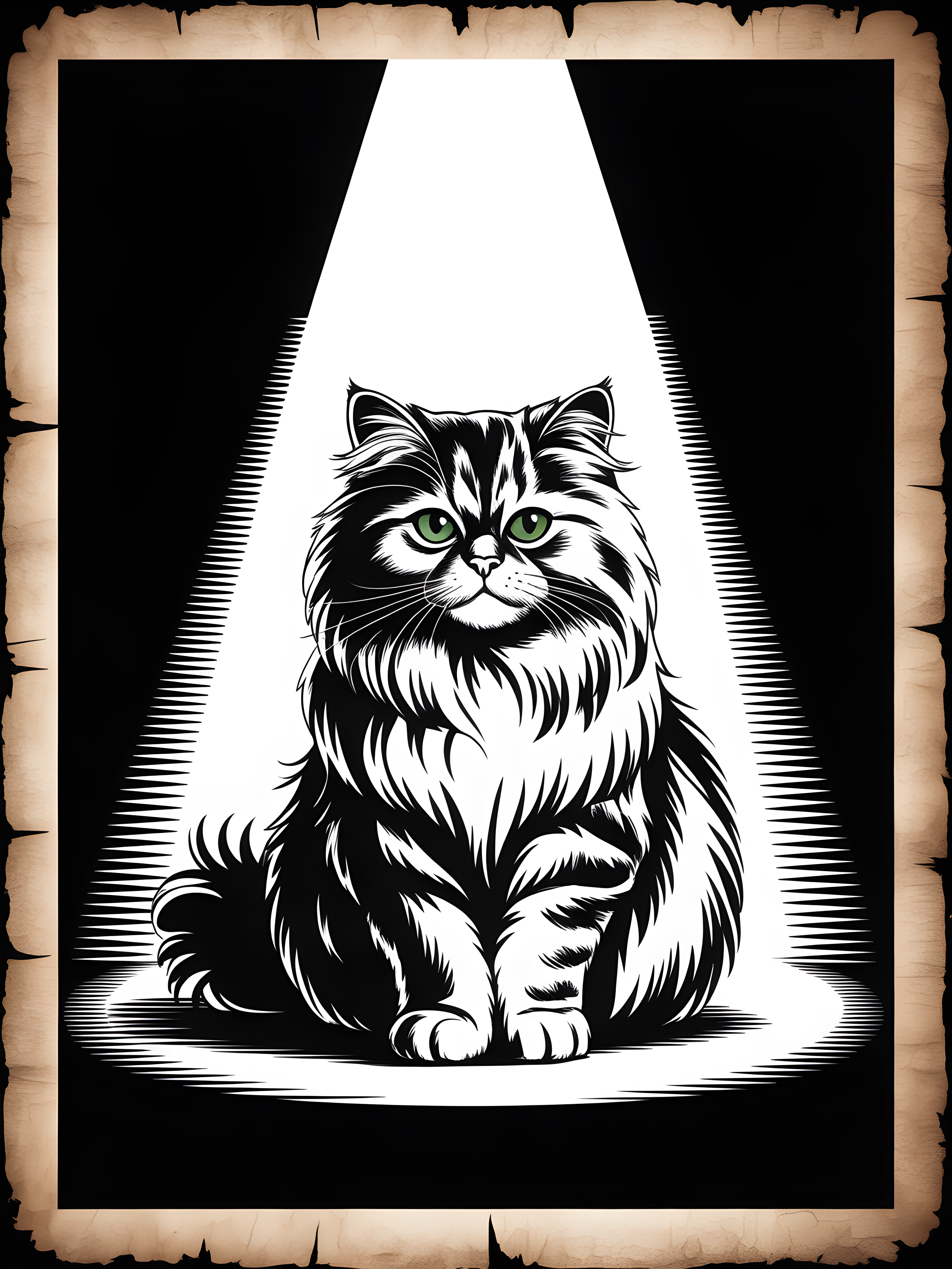 Majestic Fluffy Cat Green Eyes Black & White Wall Art