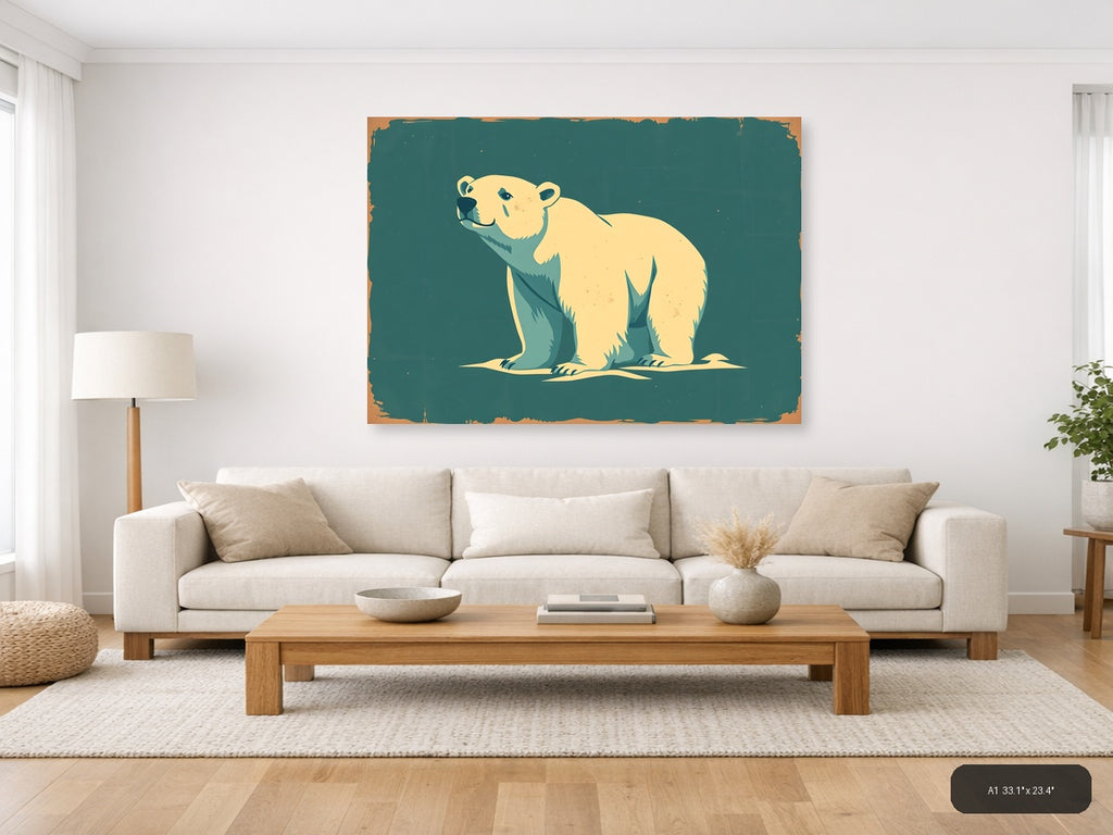 Vintage Polar Bear Illustration Teal Wall Art — A1 / Living Room