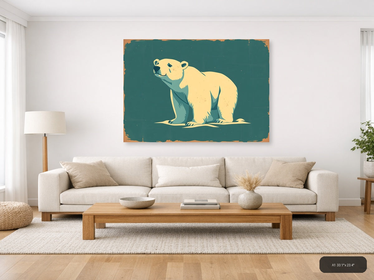 Vintage Polar Bear Illustration Teal Wall Art — A1 / Living Room