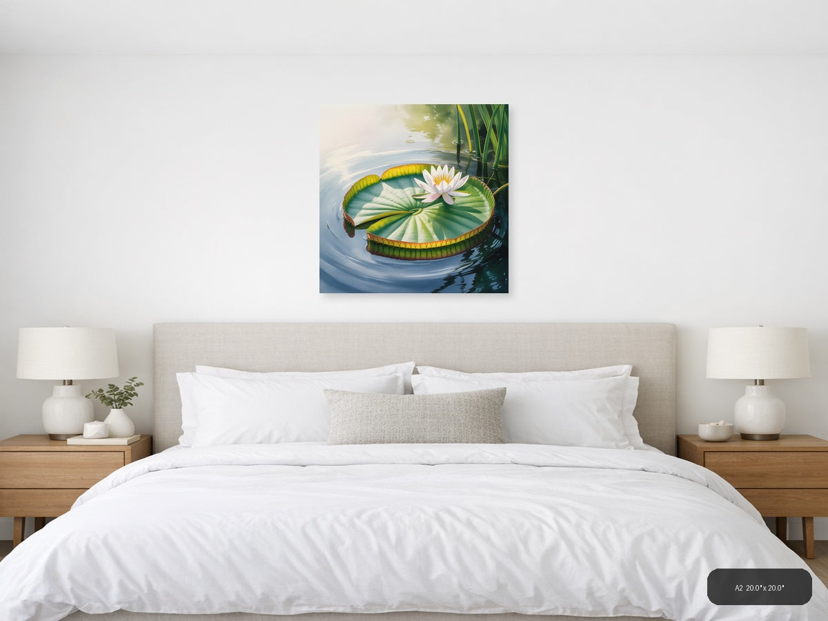 White Water Lily on Giant Leaf Watercolor Wall Art — A2 / Bedroom