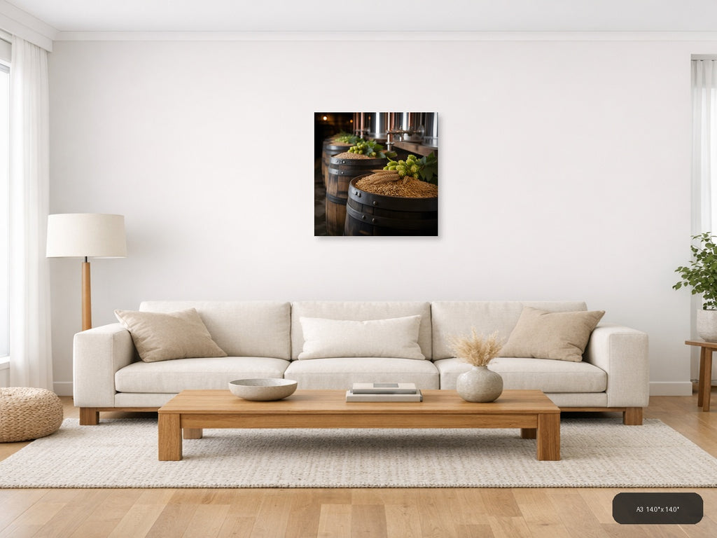 Brewery Barrels with Hops and Grain Photography Wall Art — A3 / Living Room