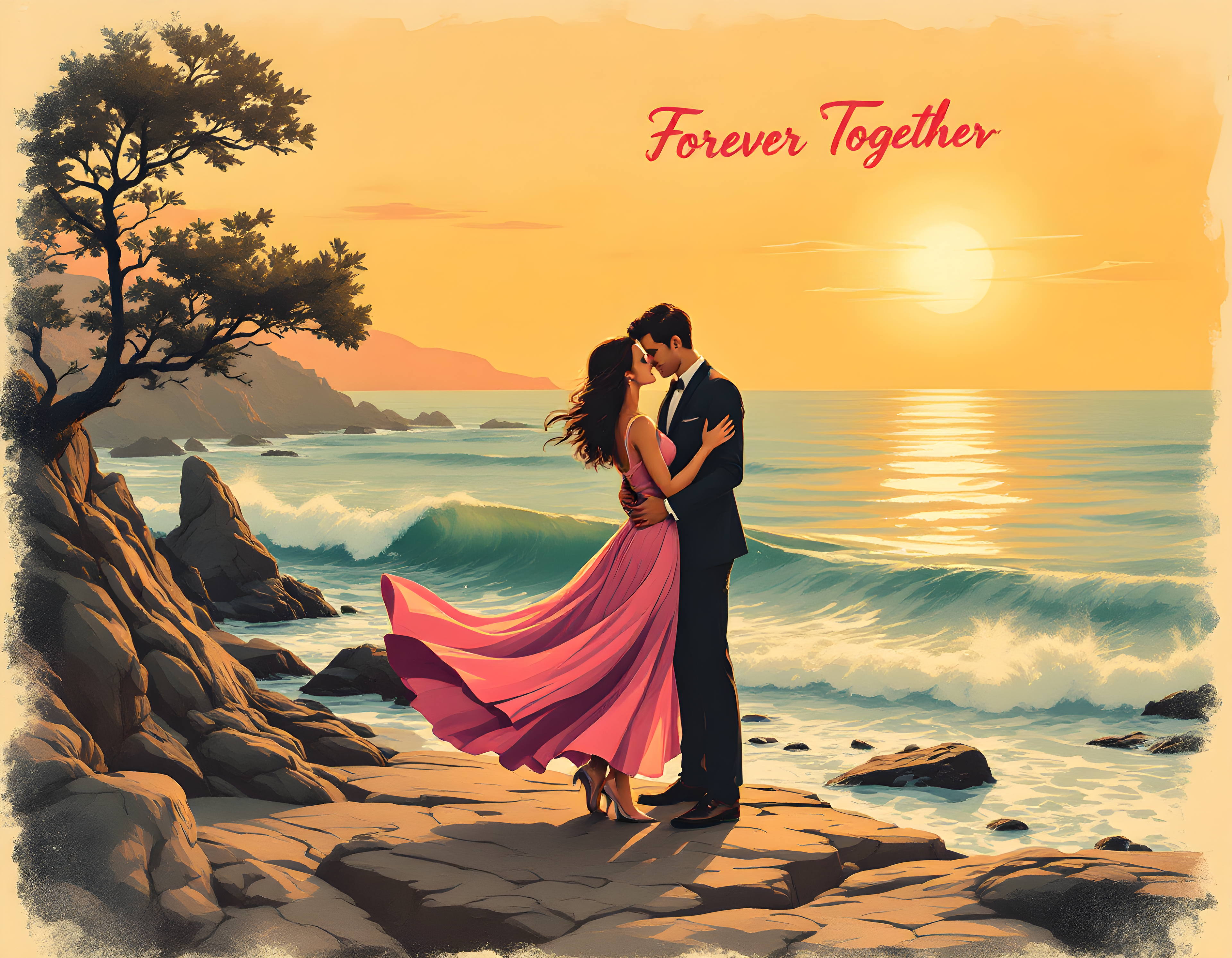 Forever Together Couple Beach Sunset Vintage Wall Art