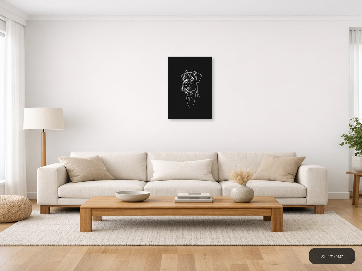 Boxer Dog Portrait Line Art Wall Art — A3 / Living Room