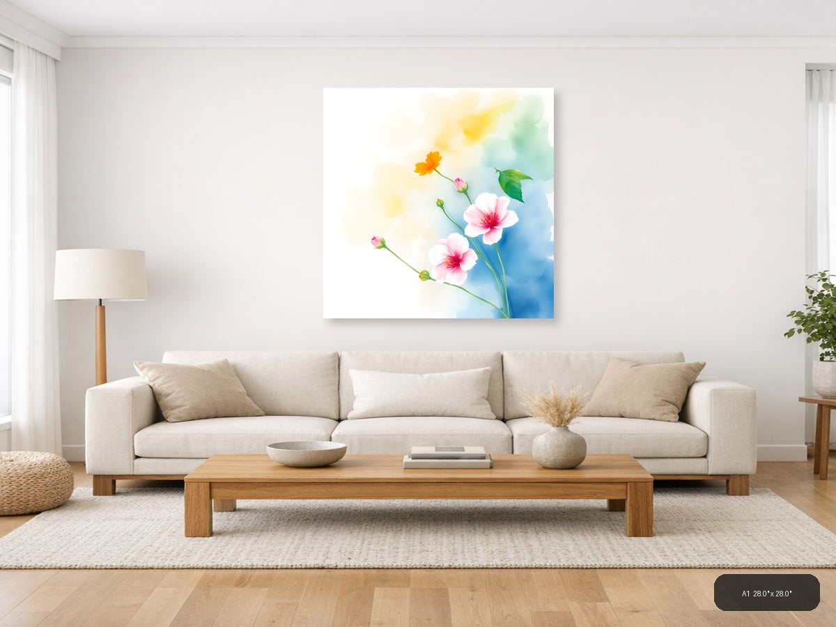 Watercolor Pink & Yellow Flowers on Blue Wall Art — A1 / Living Room