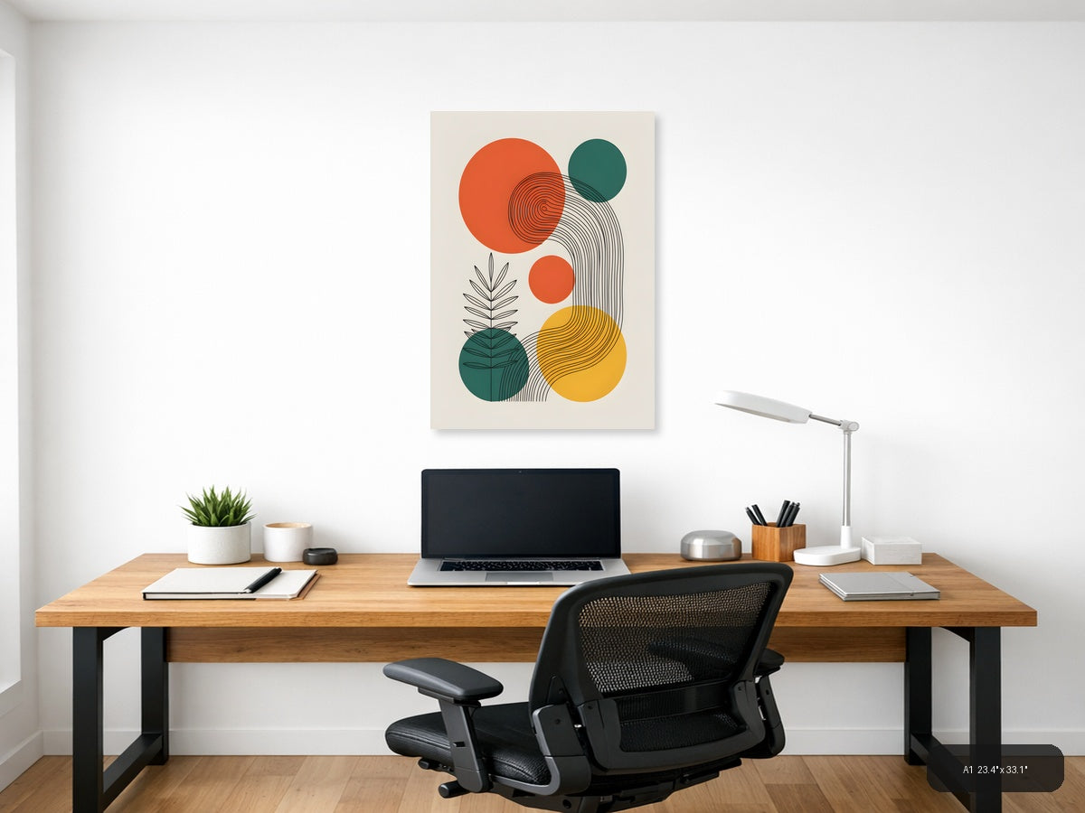 Abstract Line Art with Geometric Circles and Plants Wall Art — A1 / Office